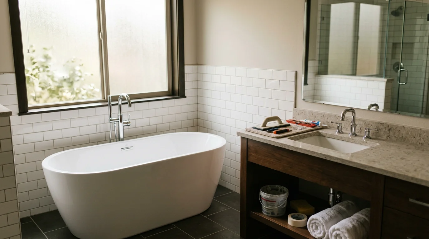 Spa-like bathroom with tile shower, vanity, and modern fixtures