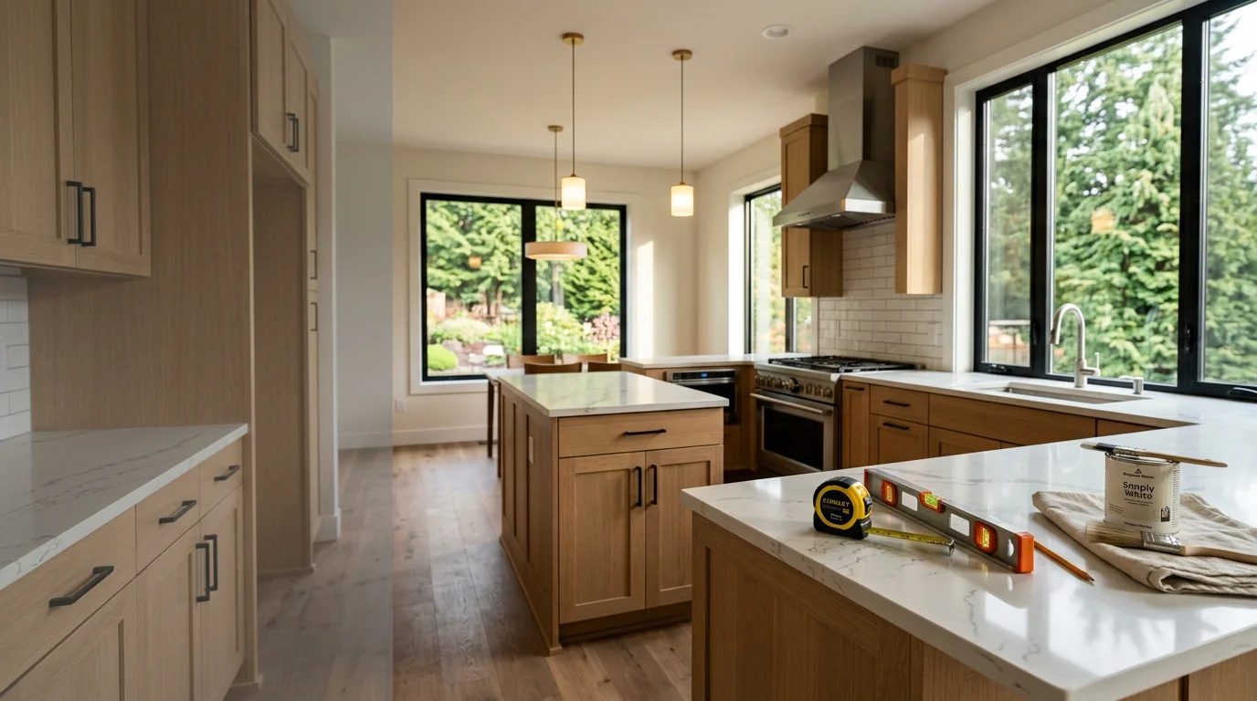 Modern kitchen with white cabinets, granite countertops, and stainless steel appliances