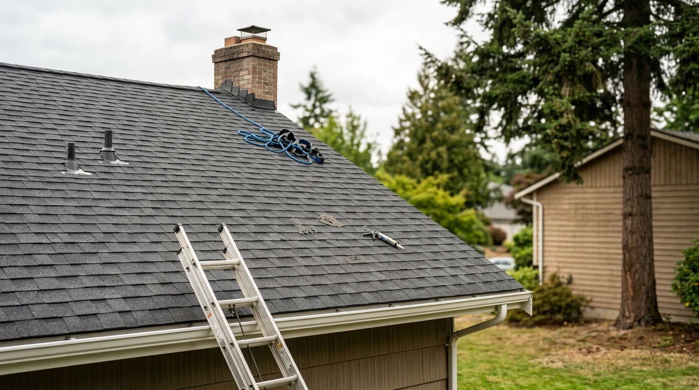 Residential home with new roof, siding, and wooden deck