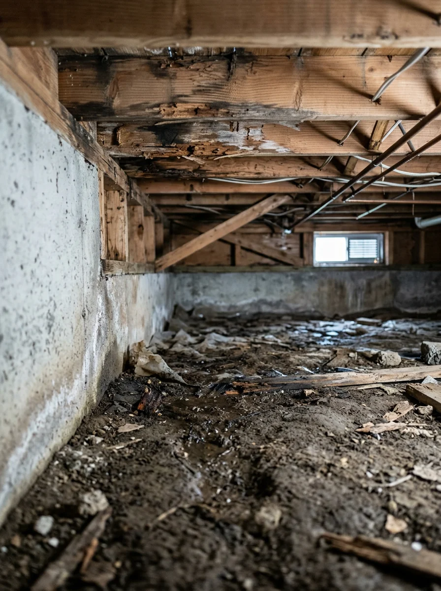 An Auburn crawl space showing damp soil and deteriorating floor joists before vapor barrier installation as part of a waterproofing project.