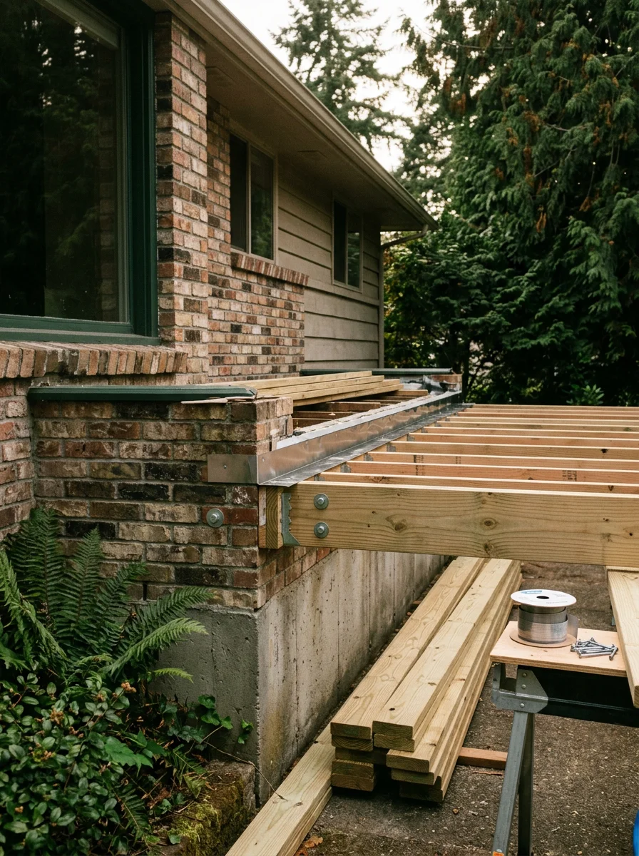 A Bellevue deck replacement project showing new pressure-treated framing and proper ledger flashing installed against the house rim joist.
