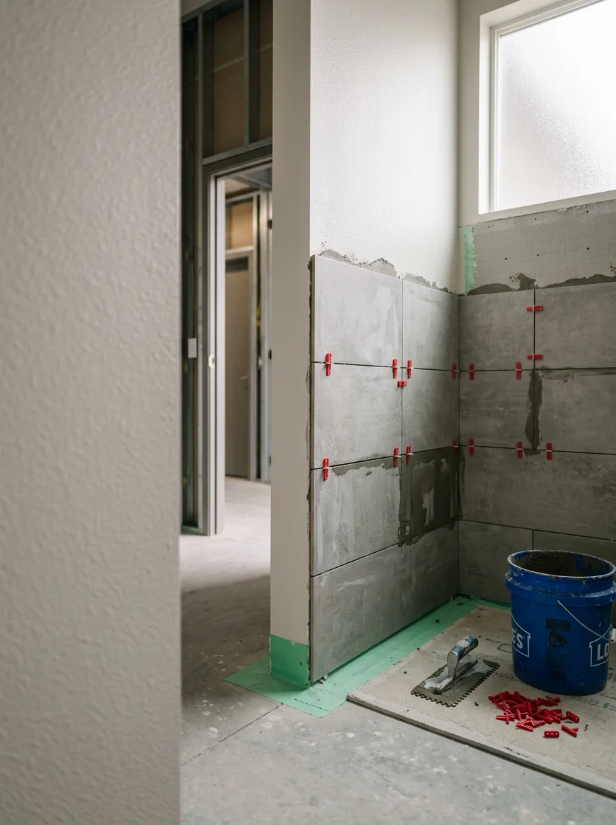 A Federal Way commercial restroom mid-renovation showing new large-format tile being set on cement board walls with waterproofing membrane at the floor-to-wall transition.