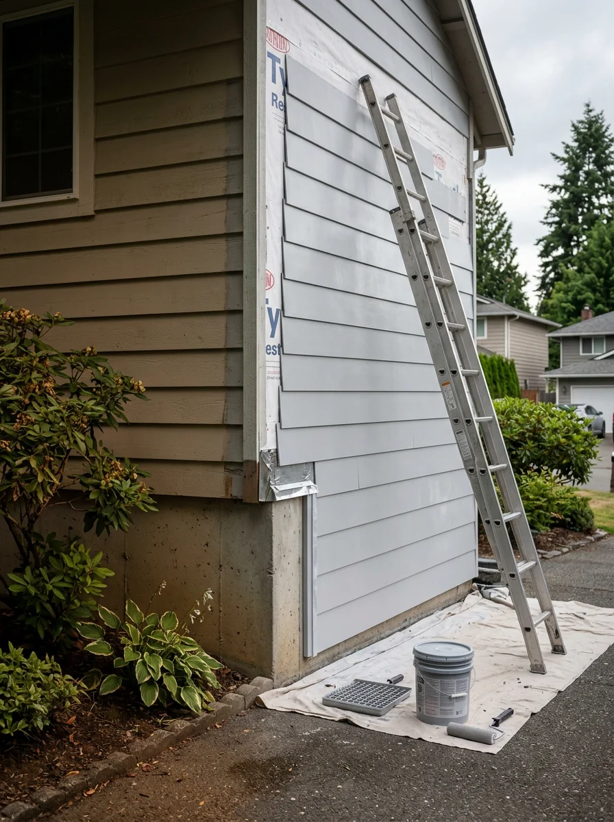 A Kent East Hill home with new fiber cement siding being installed over a weather-resistive barrier, with a painter applying primer to the completed sections.