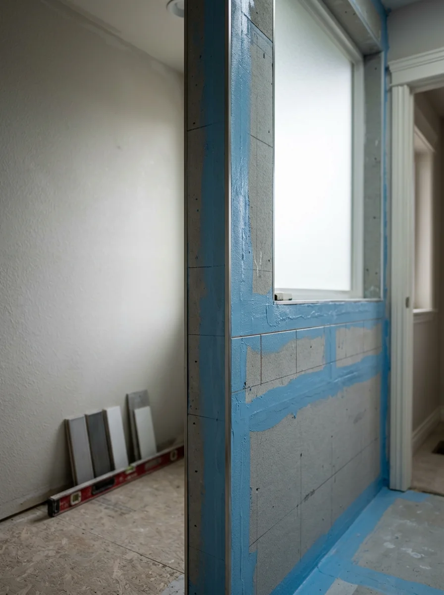 A Kirkland bathroom mid-renovation showing new cement board substrate and waterproofing membrane installed before tile work begins.