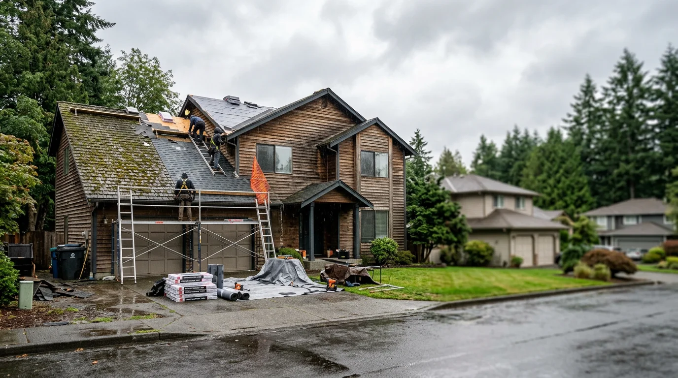 A two-story 1980s single-family home in Kirkland, WA with a moss-covered asphalt shingle roof being replaced by a roofing crew on a cloudy Pacific Northwest day.