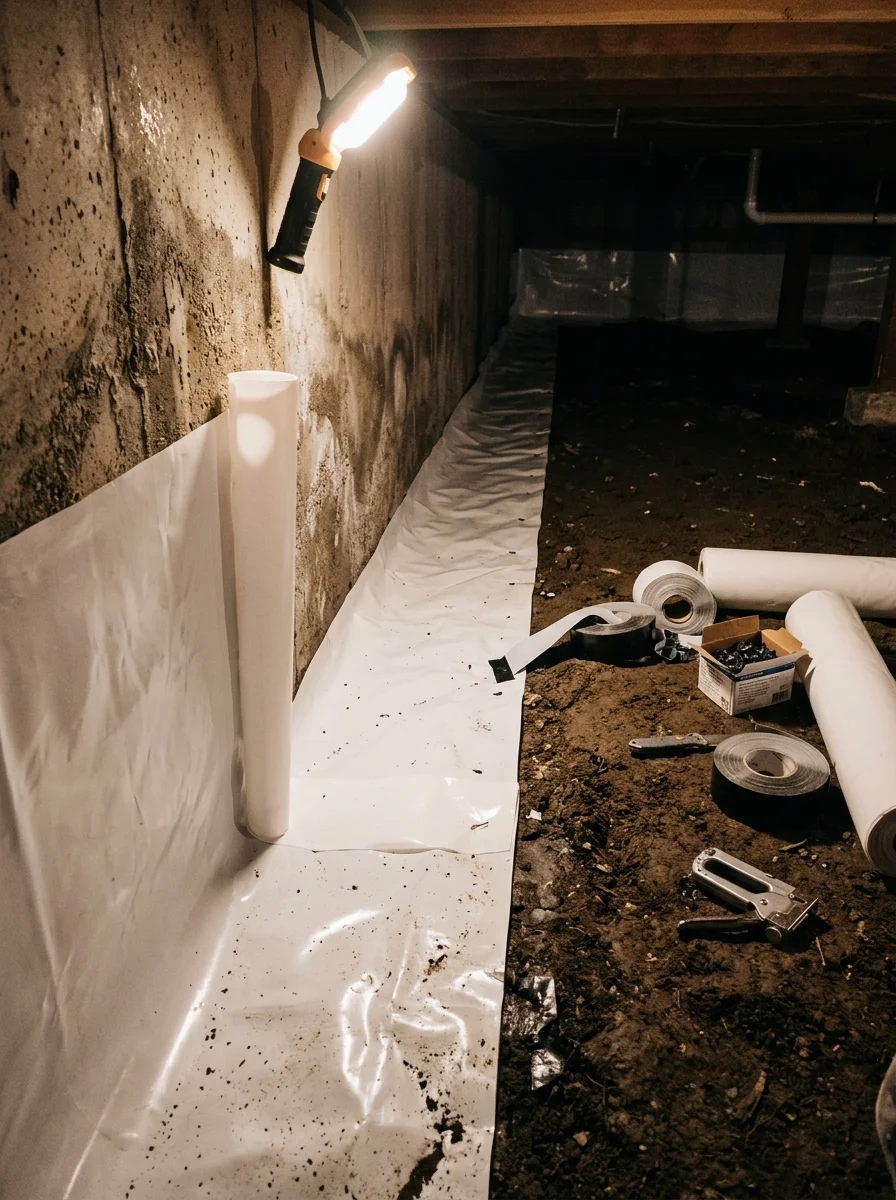 A Renton crawl space showing a crew installing a heavy-duty vapor barrier over damp soil as part of a water damage restoration project.