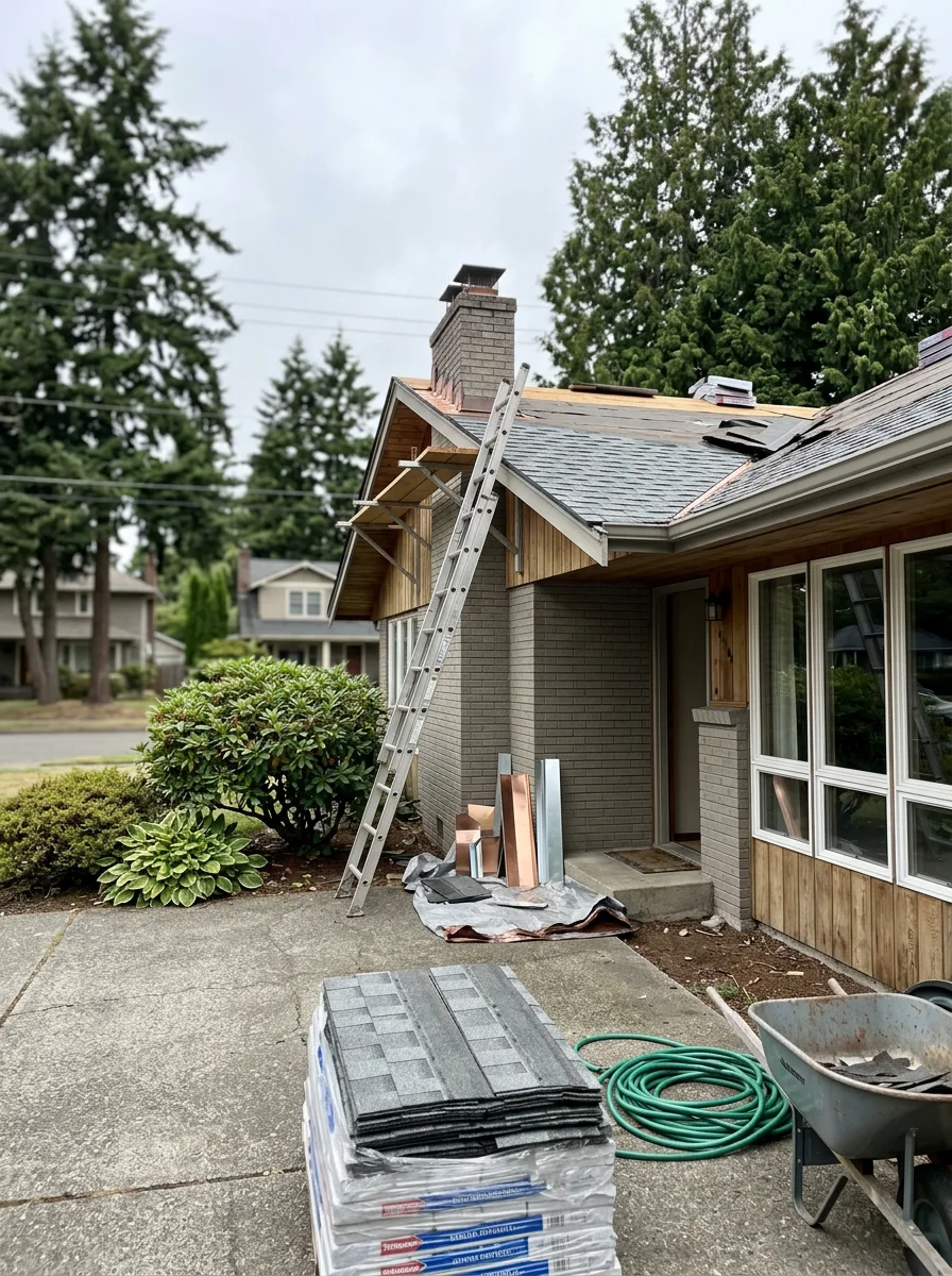 A South Tacoma mid-century rambler with a roofing crew replacing worn asphalt shingles and installing new flashing at the chimney base on a cloudy Pacific Northwest afternoon.