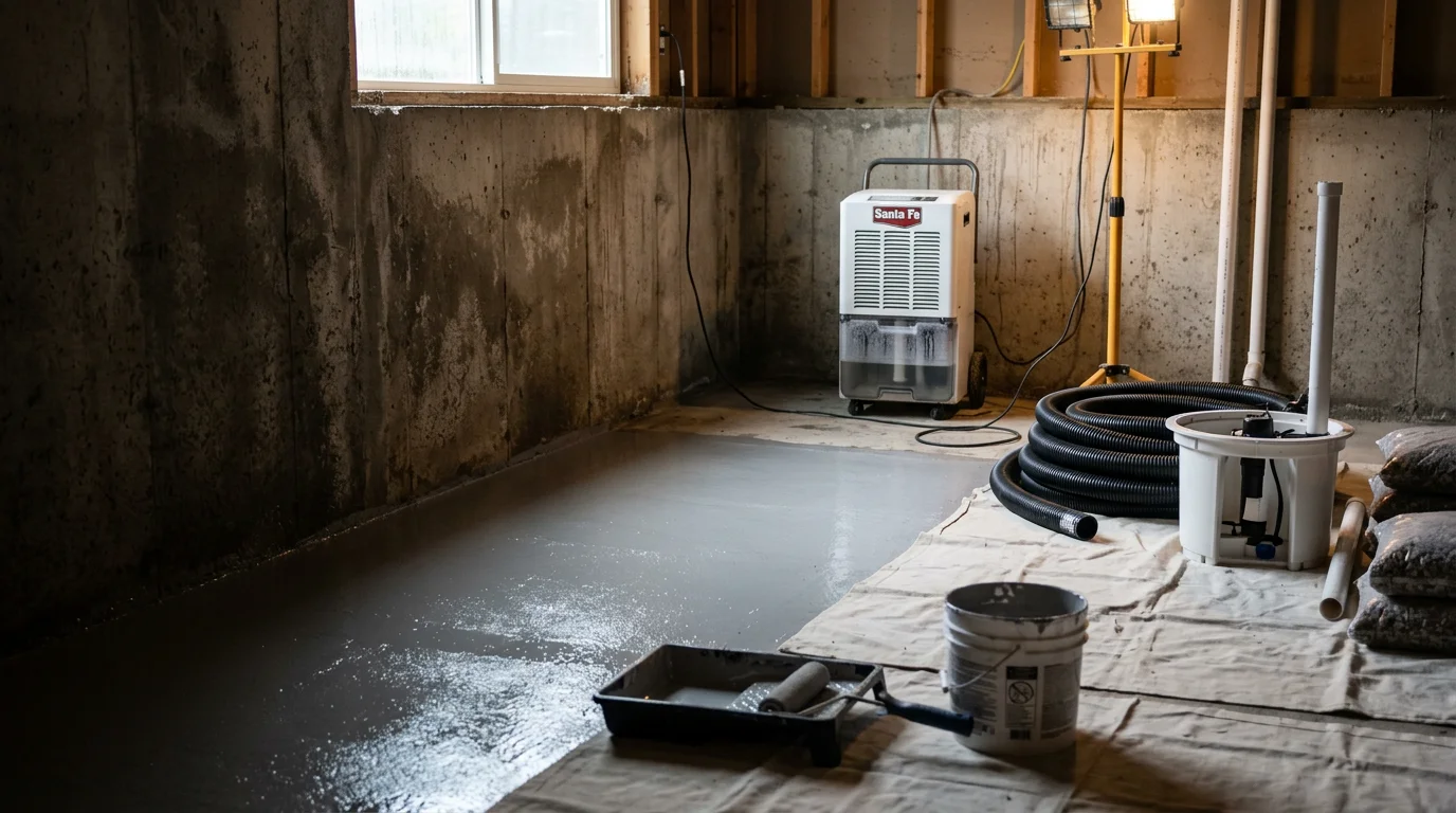 A dry, clean basement interior in a Kirkland, Washington home after professional waterproofing work, showing sealed concrete walls and a cleared floor with no signs of moisture or staining.