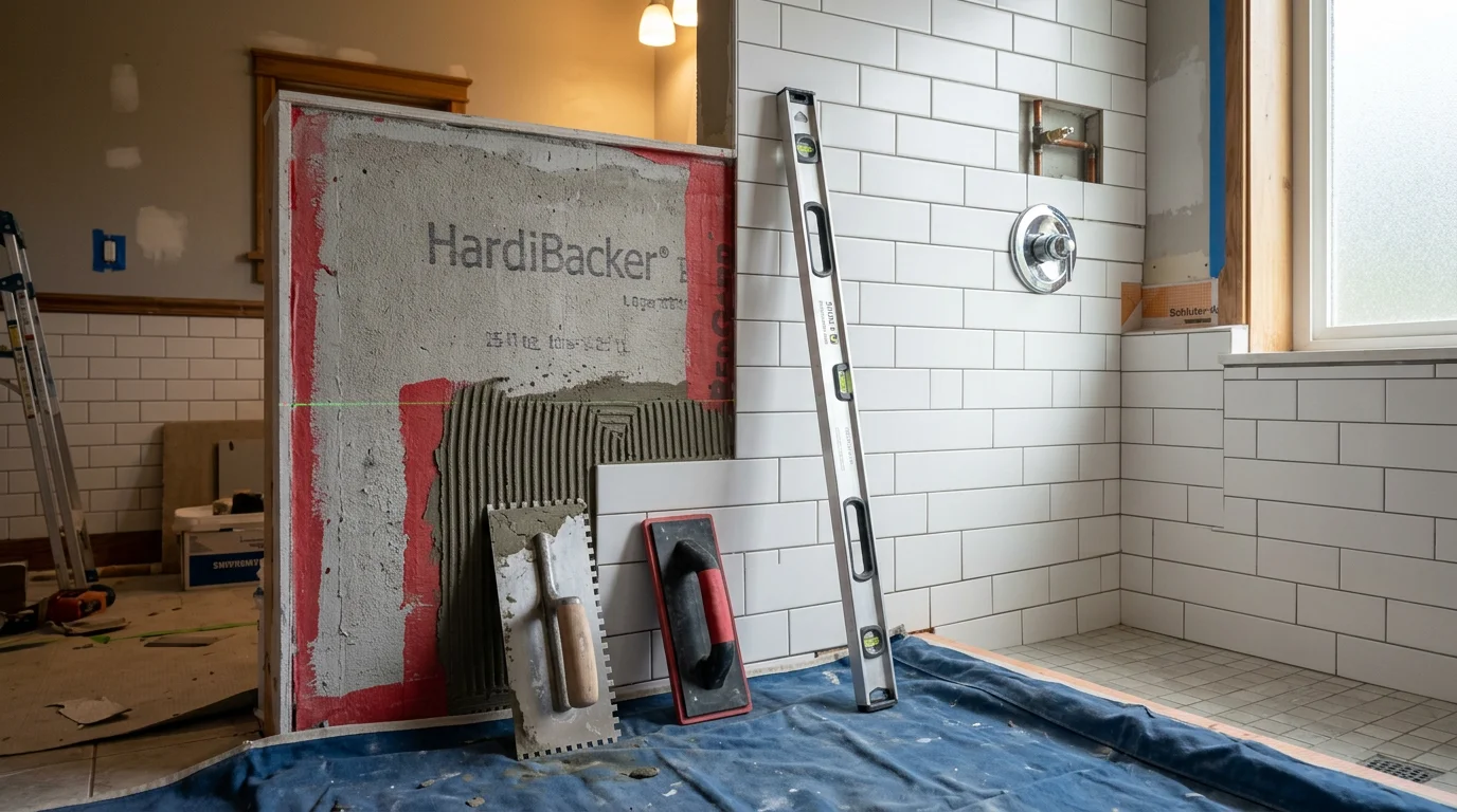 Freshly installed bathroom wall tile on a shower surround in a Kirkland home, showing tight grout lines and clean cuts around the showerhead fixture. The tile runs floor to ceiling on three walls with a smooth, level finish.