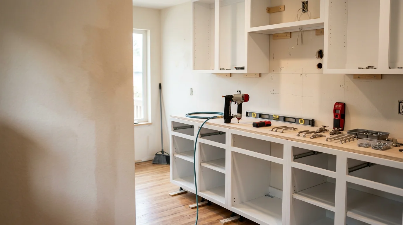 Newly installed white kitchen cabinets in a Kirkland home, with base and upper cabinets aligned flush against a light-colored wall. Cabinet doors and drawers are evenly spaced with clean hardware, showing a finished installation ready for daily use.