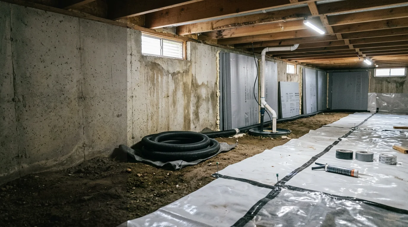 A dry, sealed crawl space beneath a Kirkland home showing a moisture barrier covering the ground and sealed foundation walls. The space beneath the floor joists is clean and free of standing water or visible mold.