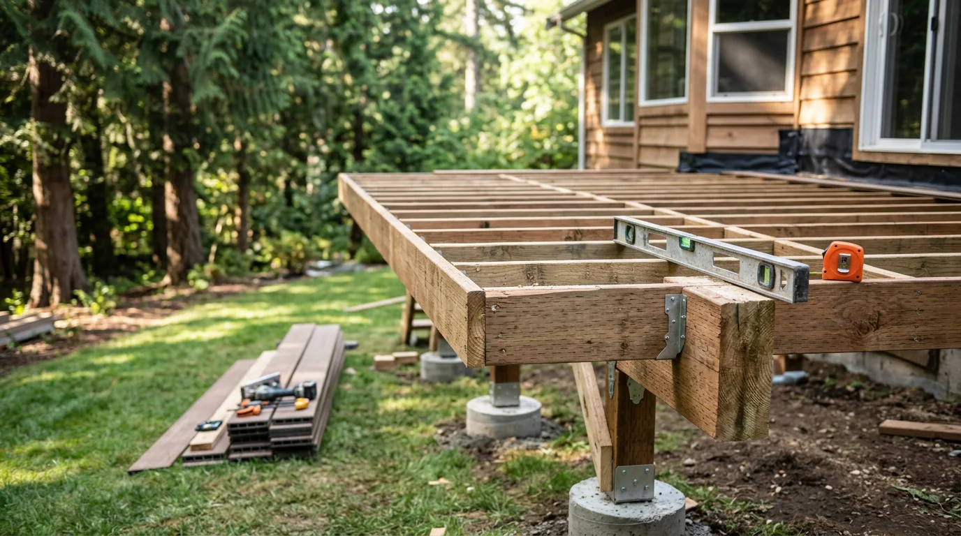 A newly built wood deck attached to the back of a residential home in Kirkland, Washington, with railing and stairs leading to a backyard. The deck framing and decking boards are visible against a Pacific Northwest landscape with mature trees.