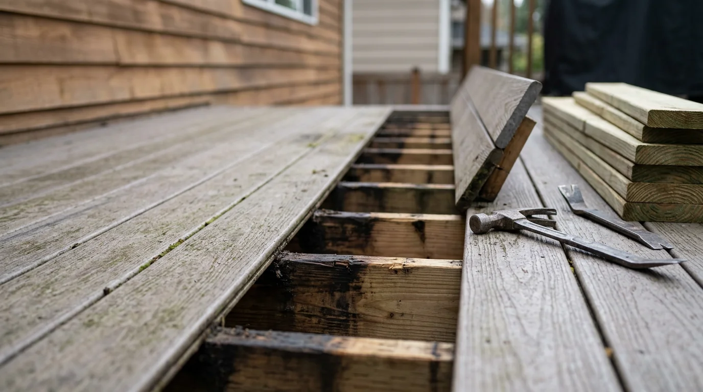 A repaired residential deck in Kirkland, Washington, showing replaced boards and secured railings on a backyard structure. The deck sits behind a single-family home typical of the Pacific Northwest, with surrounding evergreen trees visible.