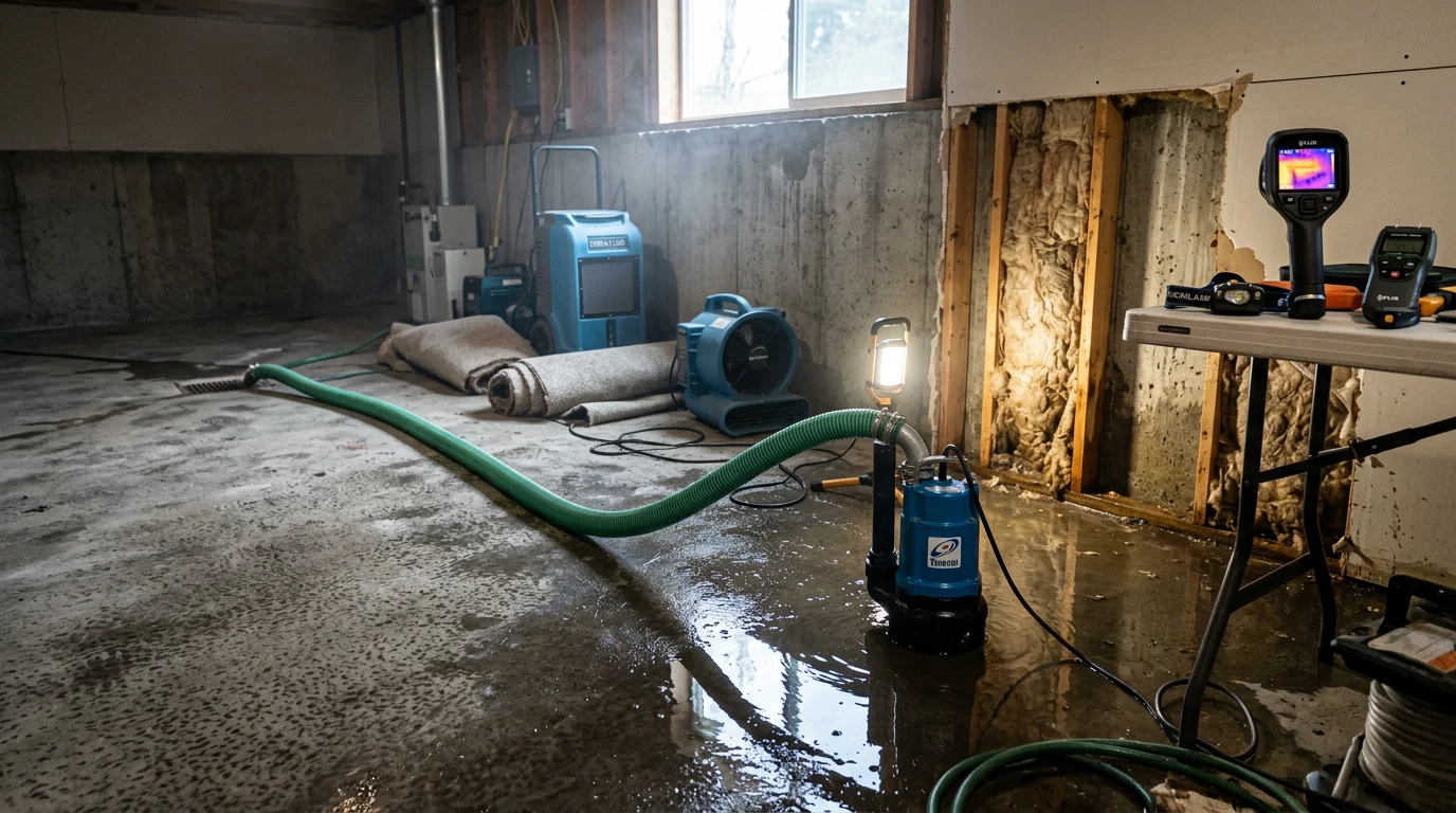 A Kirkland residential room showing repaired flooring and dried wall framing after flood damage, with restored surfaces ready for use. The repair work reflects the type of water intrusion common in older Pacific Northwest homes during heavy rainfall seasons.