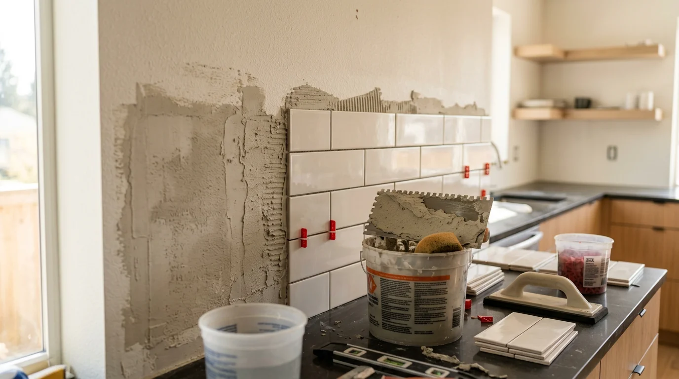 Freshly installed kitchen tile backsplash in a Kirkland home, showing clean grout lines and tile running from the countertop to the upper cabinets. The finished surface covers the cooking and prep area behind the range and sink.