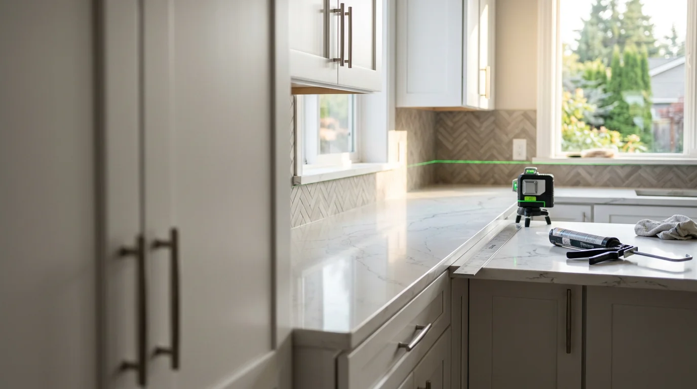 Newly installed kitchen countertop in a Kirkland home, showing a clean surface fit tightly against white cabinets with a stainless steel sink cutout. The kitchen has natural light from a window above the sink, typical of homes in the greater Seattle area.
