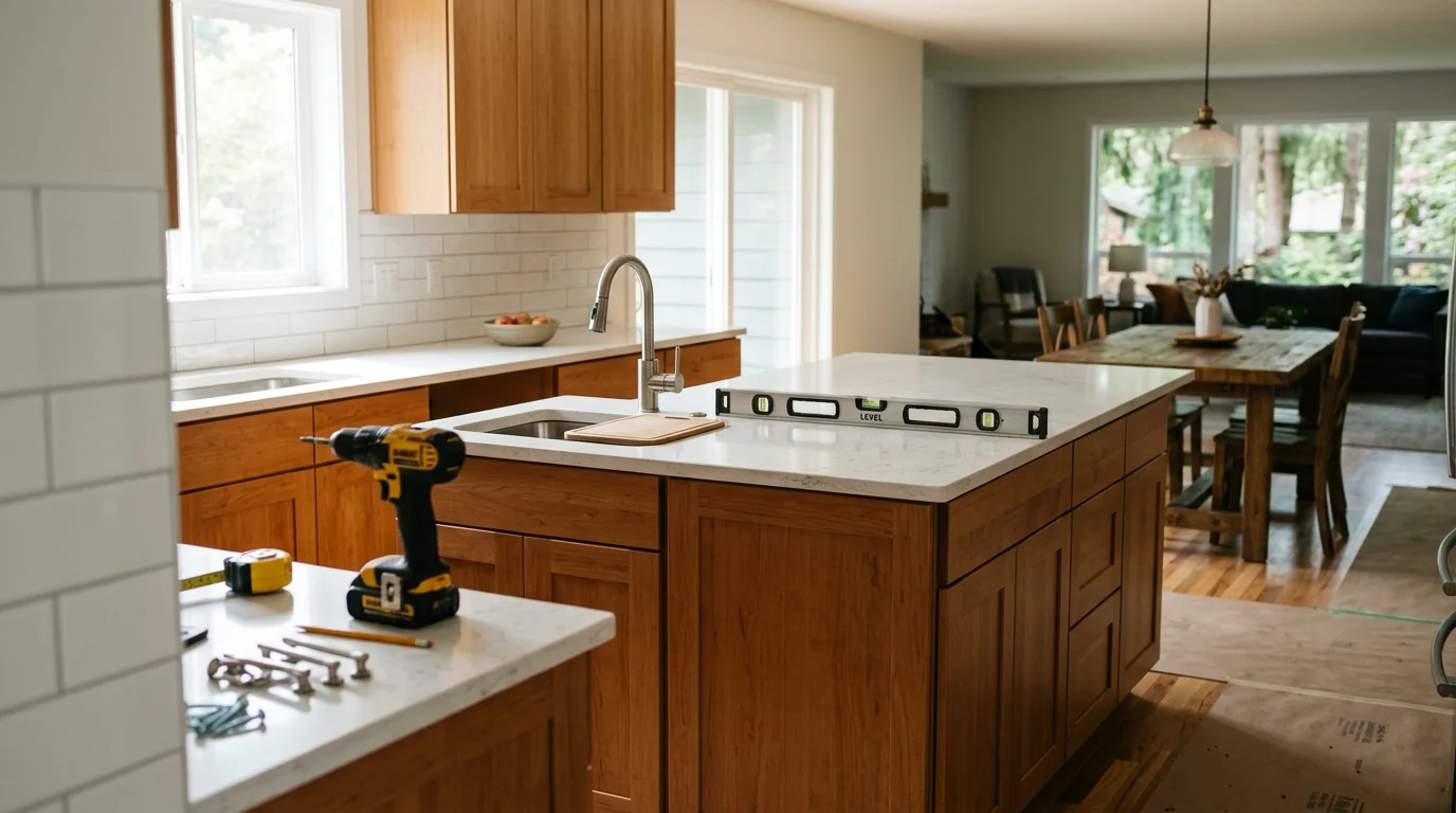 Newly installed kitchen island with base cabinets and fitted countertop in a Kirkland home, showing clear walkway clearance on all sides. The island finish coordinates with the surrounding cabinetry in a residential kitchen setting.