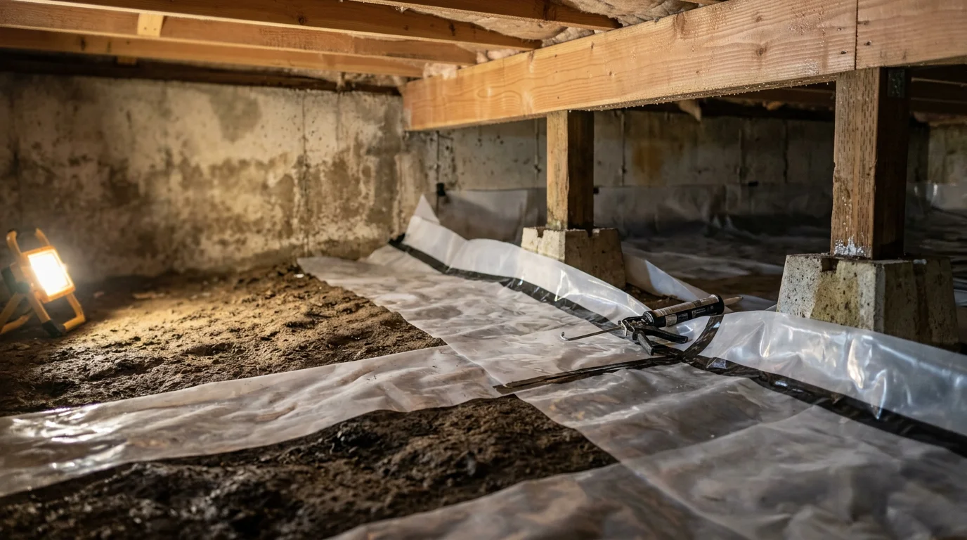 A freshly installed heavy-duty moisture barrier covering the floor and lower walls of a residential crawl space in Kirkland, Washington. The white barrier is sealed at the seams with no gaps, showing a clean and dry crawl space beneath a wood-framed home.
