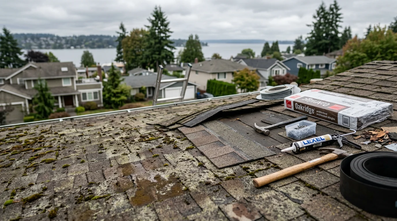 A roofing contractor repairing damaged shingles and flashing on a residential home in Kirkland, Washington. The repair work is visible on a sloped roof with overcast Pacific Northwest skies in the background.