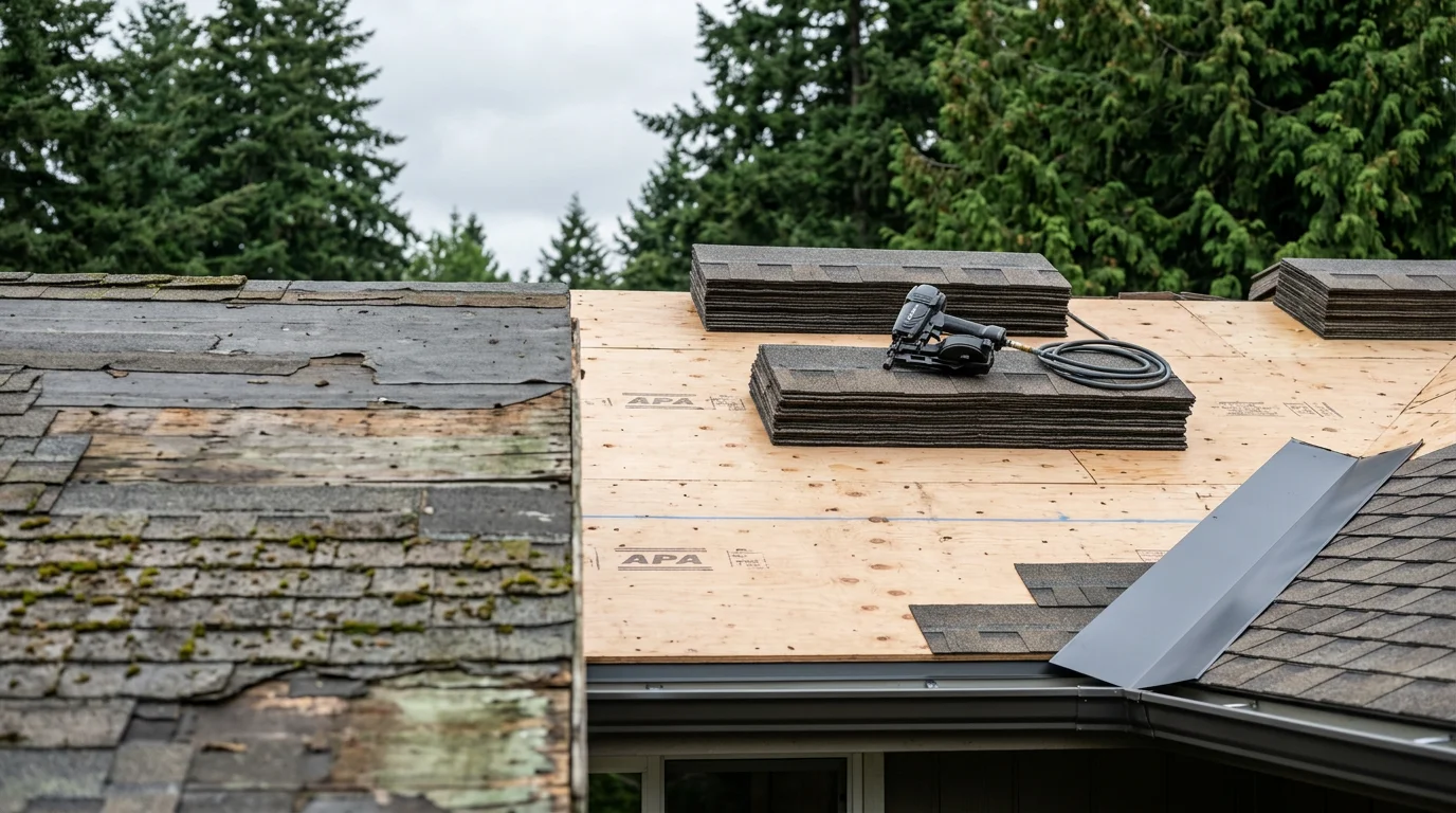 A completed roof replacement on a residential home in Kirkland, Washington, showing new roofing materials installed over a two-story house with mature trees in the background. The finished roof is viewed from street level against a typical Pacific Northwest overcast sky.