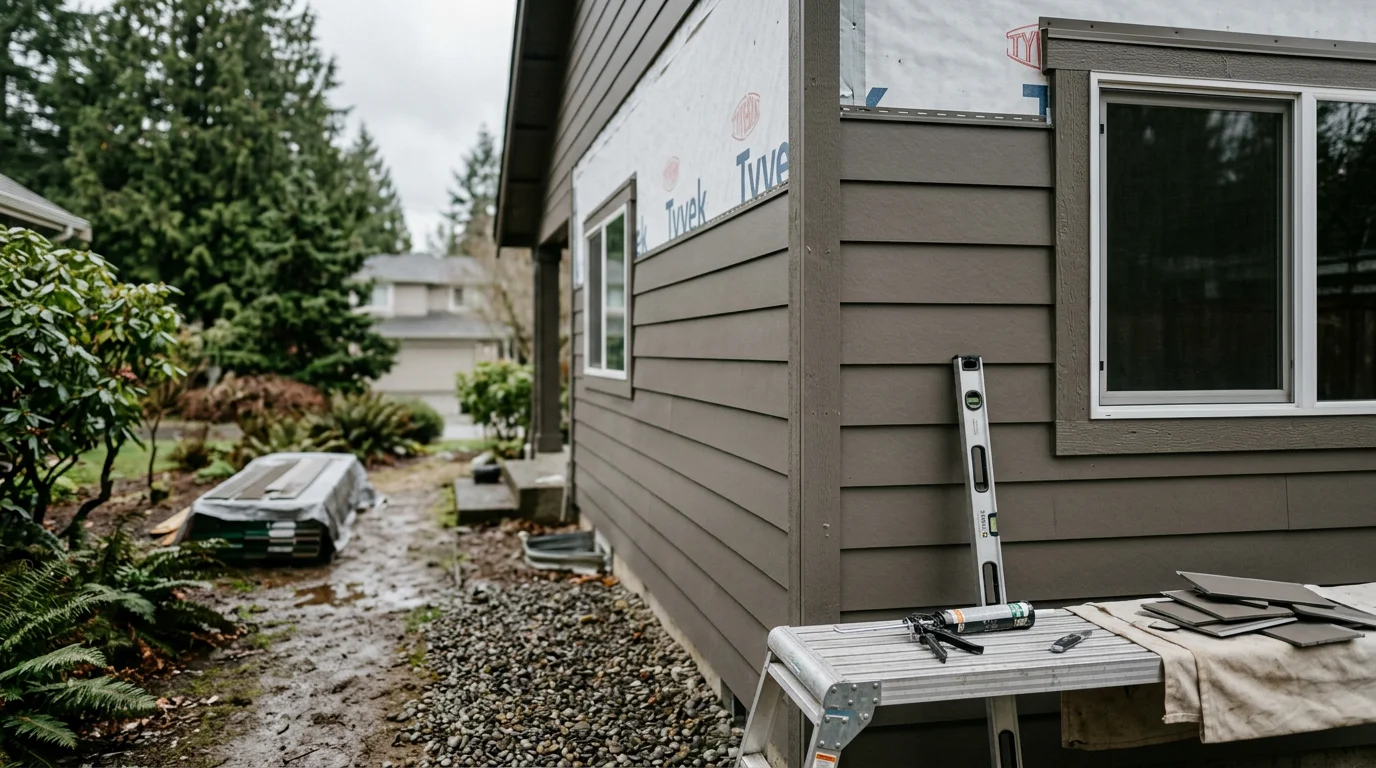 Freshly installed siding on a two-story residential home in Kirkland, Washington, with clean panel lines and sealed edges visible on the exterior wall. The surrounding landscape reflects the Pacific Northwest setting with overcast skies and mature trees in the background.