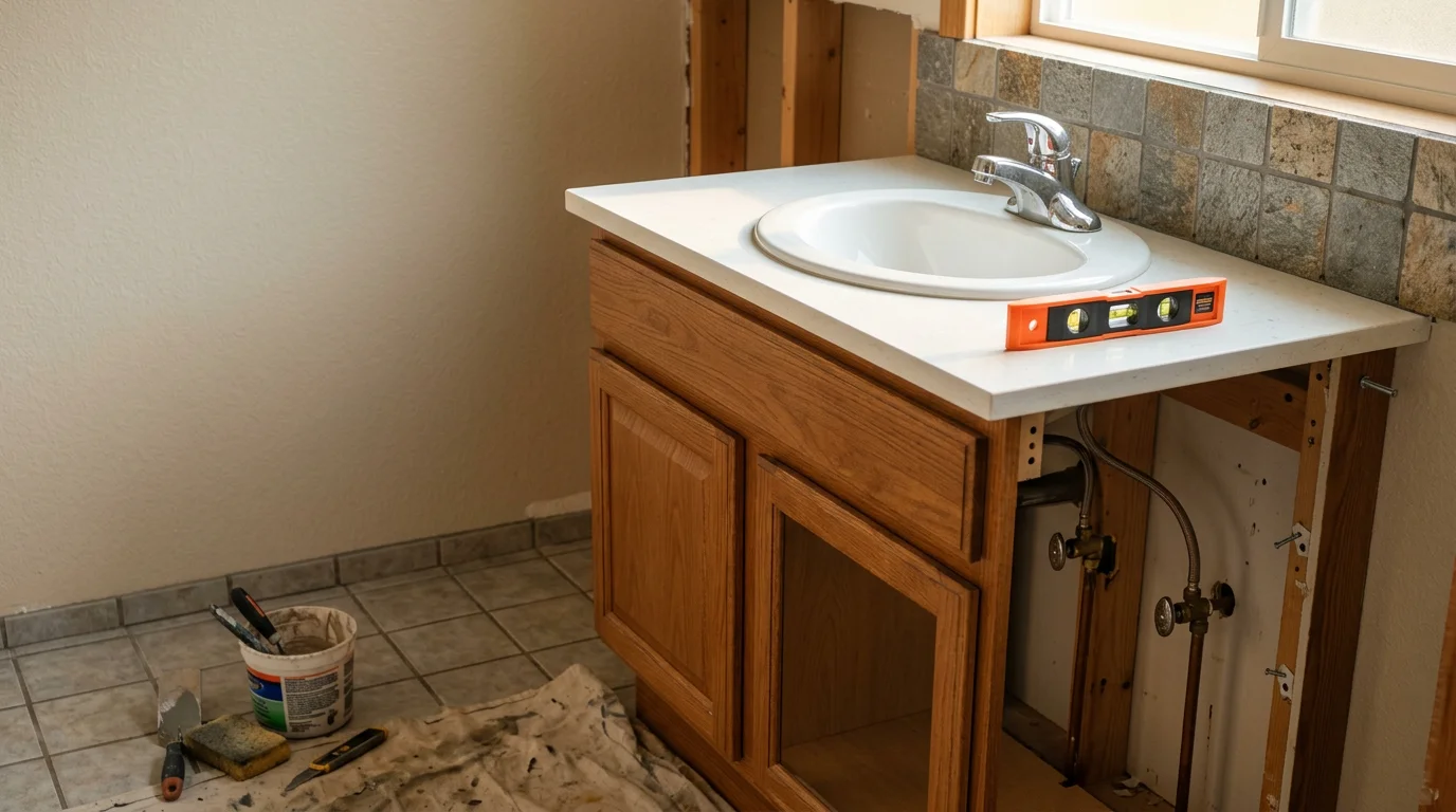 A newly installed bathroom vanity with a clean countertop and undermount sink in a Kirkland, Washington home. The cabinet is flush against the wall with plumbing connections neatly set beneath the sink.