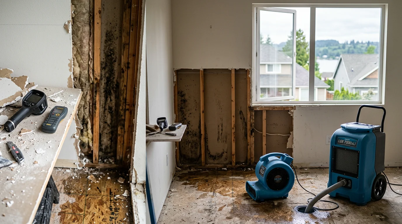 A Kirkland residential living room showing removed baseboards and drying equipment placed against water-damaged drywall after a pipe leak. A technician from Elite Remodel LLC inspects the exposed wall cavity for moisture.